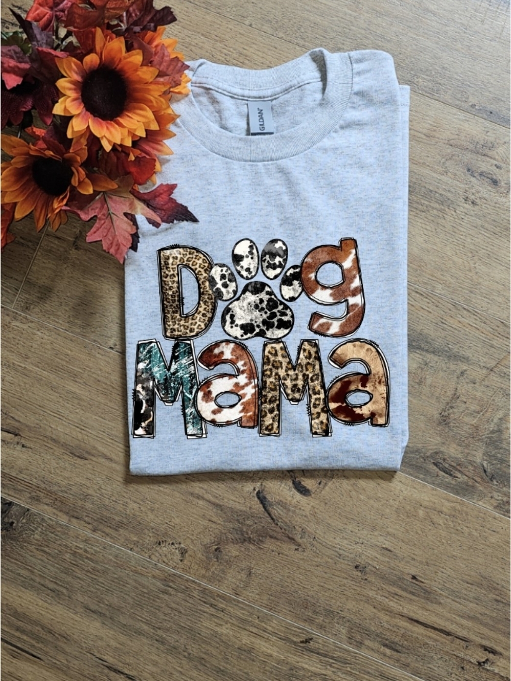 Gildan Heather Gray 'Dog Mama' Graphic Tee with Mixed Animal Prints